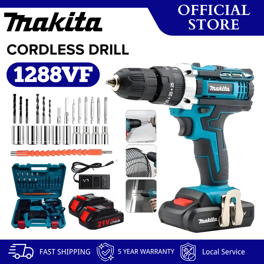 Makita 1288V Set Bor Listrik Tanpa Kabel | Peralatan Bor Elektrik | Bor Cas | Dilengkapi 2 Baterai