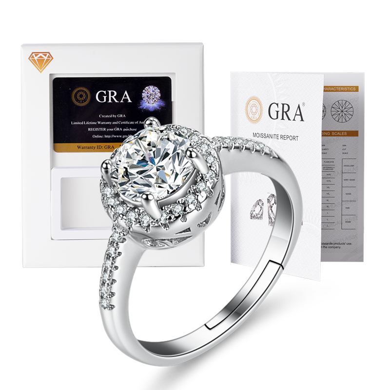 LOVETIA Cincin Moissanite Wanita Bulat Empat Cakar S925 Berlian Perhiasan Elegan Sertifikat GRA Asli