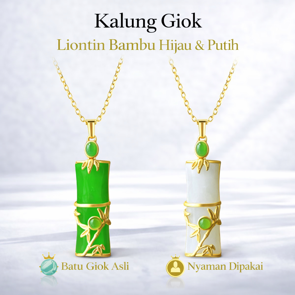 Kalung Giok Asli | Liontin Bambu Hijau & Putih | Kalung Giok Pria Wanita