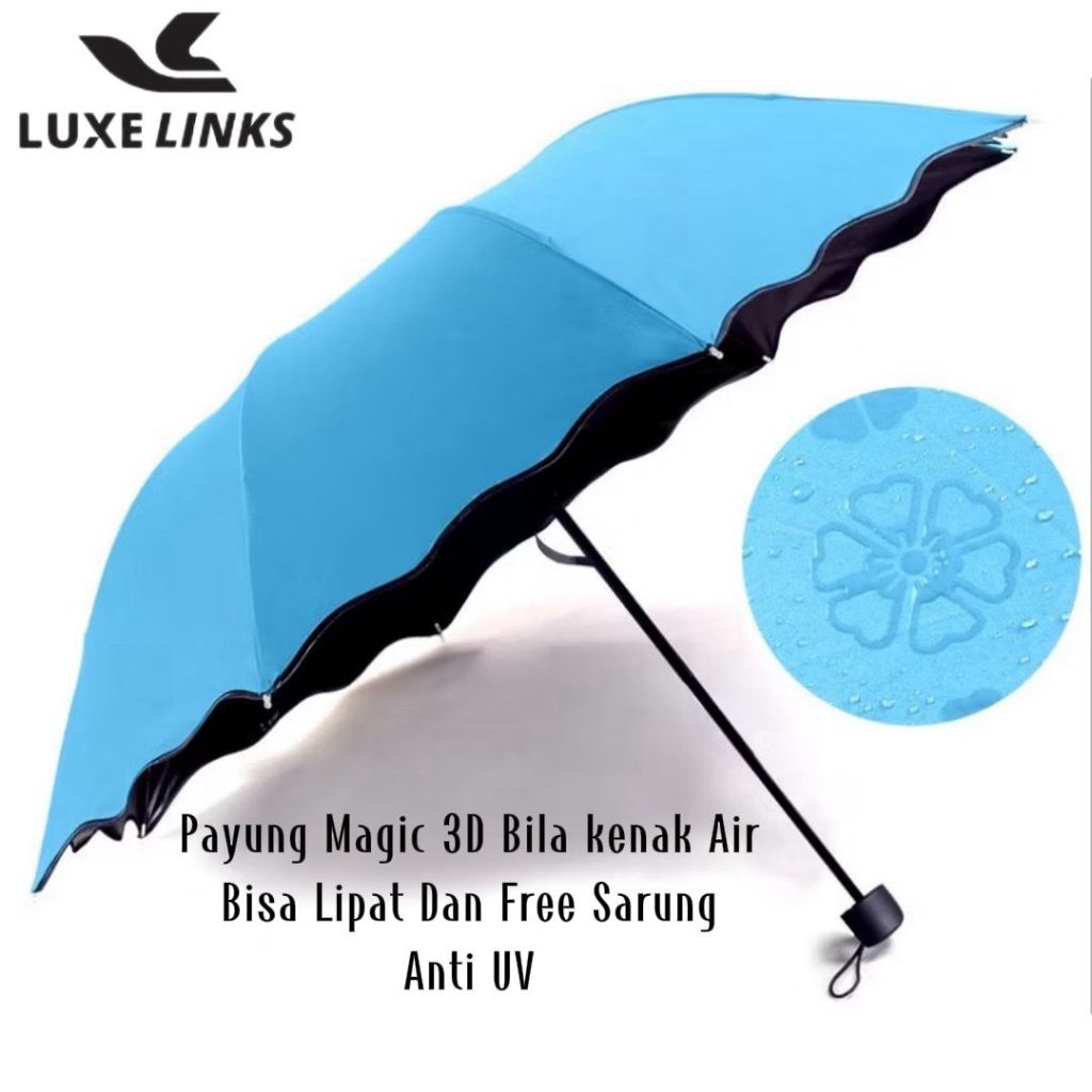 LUXE Payung Lipat Magic 3D Motif Timbul Anti UV Bisa Lipat & Free Sarung Anti UV Lapisan Hitam Melin