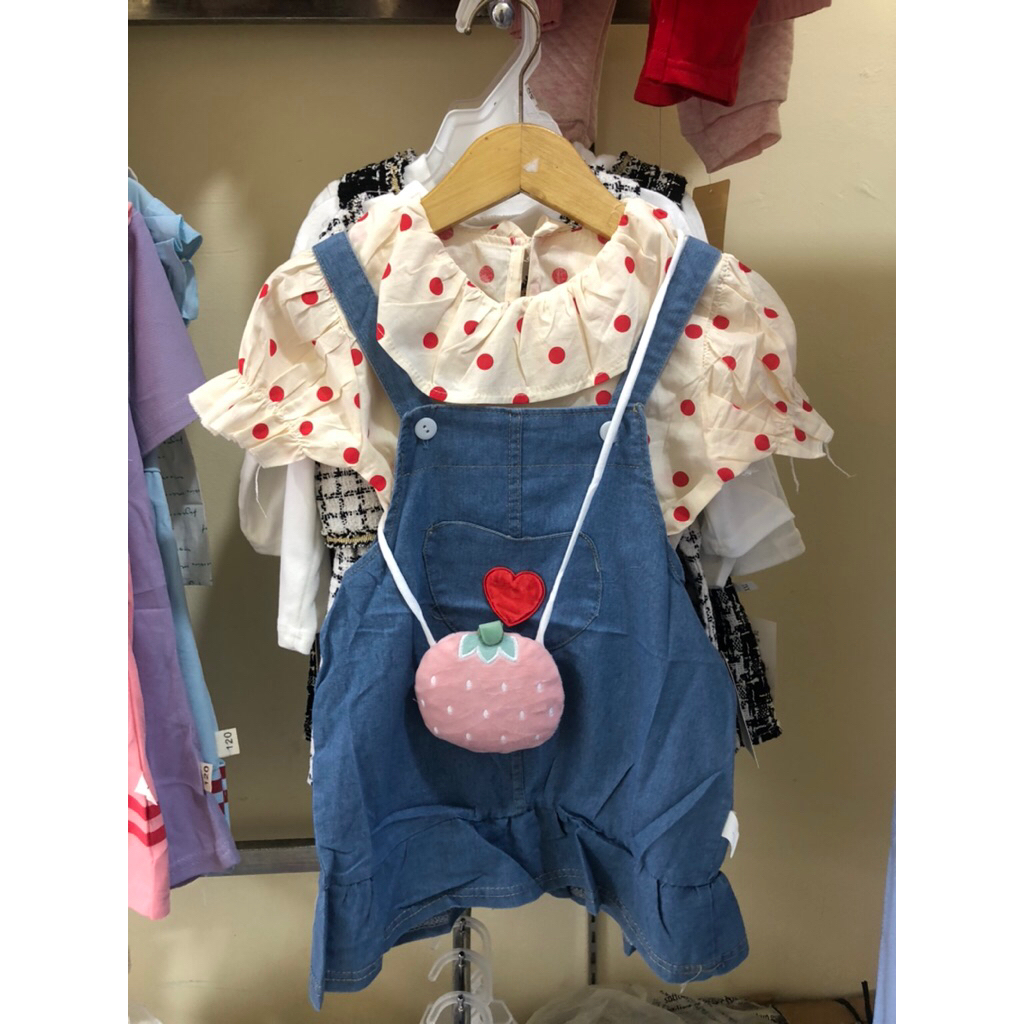 Pakaian anak perempuan jumpsuit baju polkadot free tas strawberry