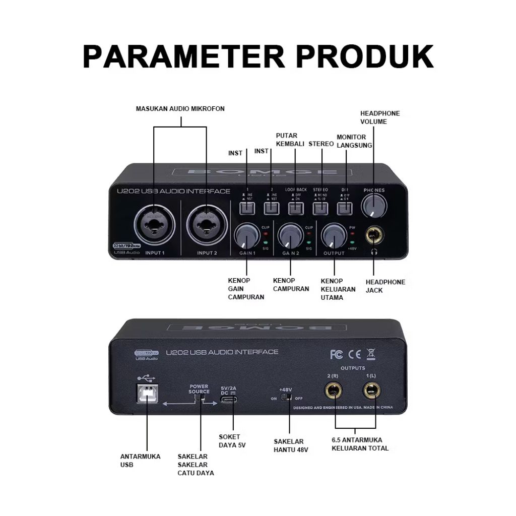 BOMGE U202 USB Audio Interface with XLR/TSR/TS Micro Port Preamplifier 48V 32bit/192kHz Resolution f