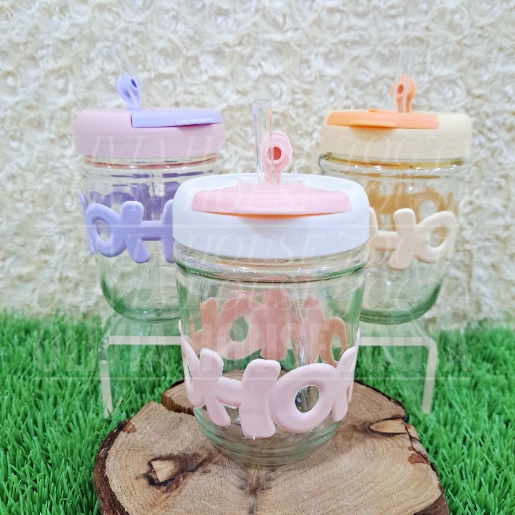 Gelas Kaca Tutup Plastik HOHOHO 350 ml Gelas Sedotam Kaca