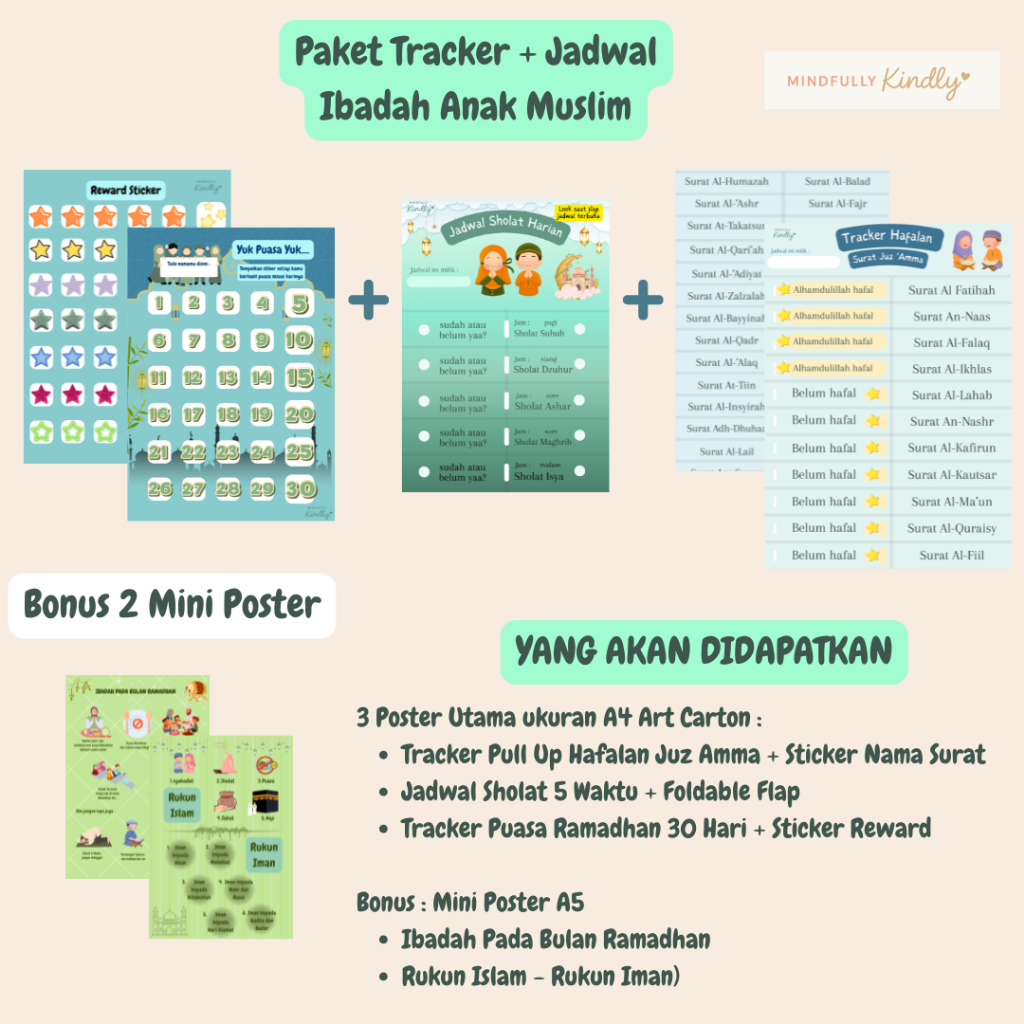 Paket Lengkap Poster Ibadah Ramadhan A4 Art Carton - Tracker Jadwal Ibadah Anak Muslim - Puasa Ramad