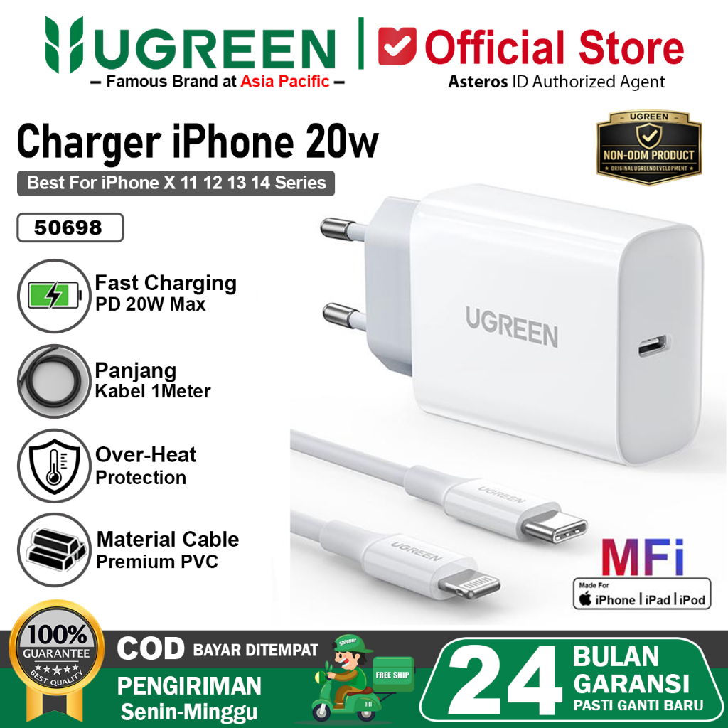 UGREEN Charger iPhone MFi PD Type C to Lightning Original Fast Charging 20W 50698