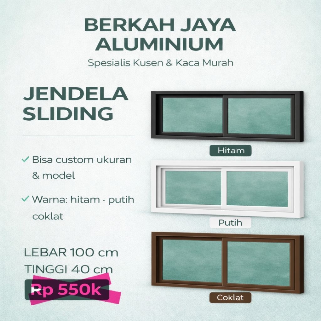 Jendela alumunium  sleding/geser ukuran 100x40