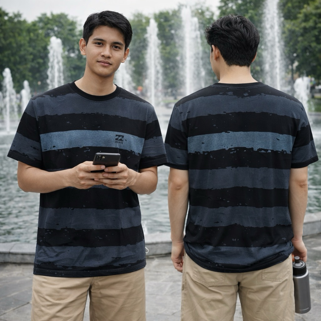 BILLABONG Original Kaos Pria Motif Stripe Abu Hitam | T-Shirt Casual Premium Cotton