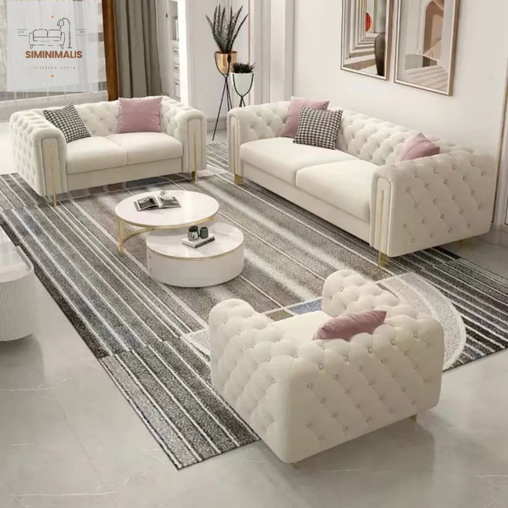 Sofa Chesterfield Modern Luxury Set - Kursi Tamu Minimalis Premium Velvet Button Tufted Elegant