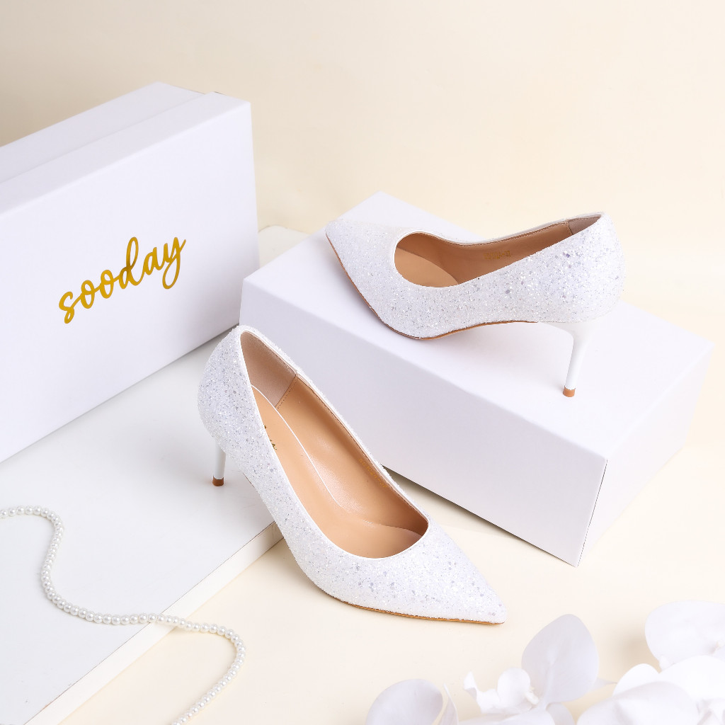 Sooday No. 1024 White / Size 34-43 / 7.5cm / glitter high heels / party heels / sepatu hak tinggi pe