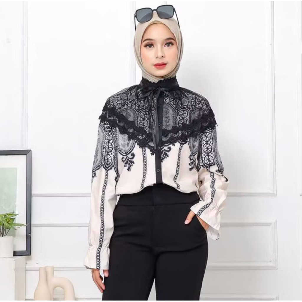 PREMIUM - Blouse Wanita Muslim Elegan Lengan Panjang Ice Silk Crepe Lace Alasan Formal Casual Modis
