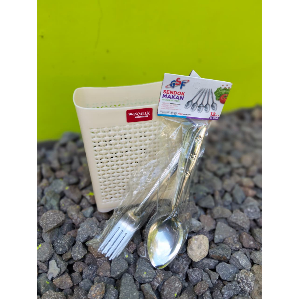 Paket Hemat 1 Lusin Sendok + 1 Lusin Garpu + Tempat Sendok Garpu Plastik Pamela