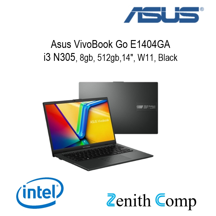 Laptop ASUS VivoBook GO 14 E1404GA, intel Core i3 N305, RAM 8GB, SSD 512GB, 14" FHD, W11 + OHS, Blac