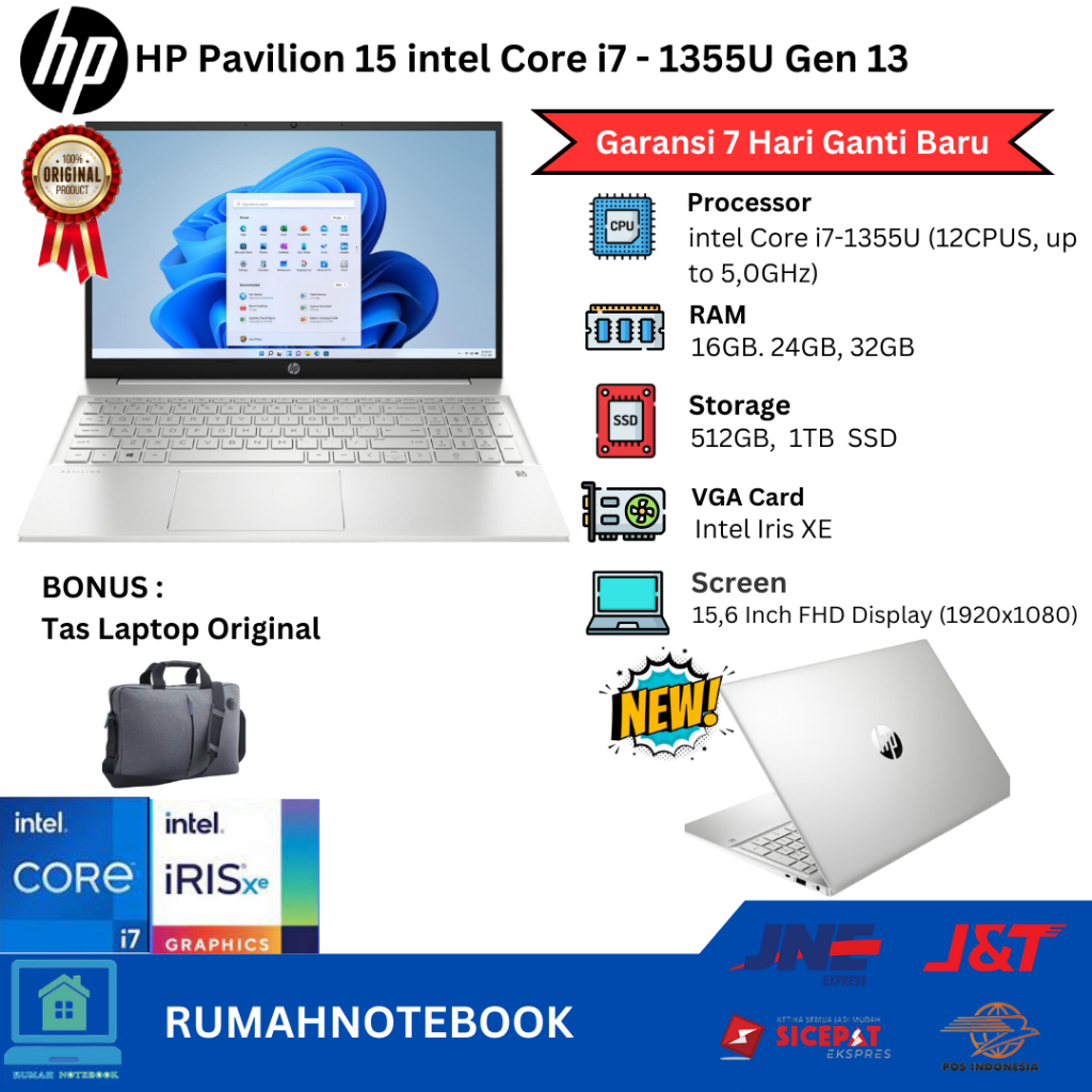 Laptop Baru HP PAVILION 15 Intel Core i7 gen13 12Cpus 5.0GHz | Core Ultra 7 155H Gen 14 22cpu 4.8Ghz