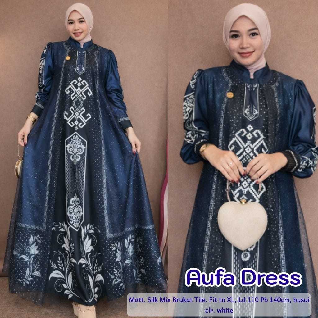 ufa Dress Wanita Muslimah Premium Motif Etnik Elegan | Gamis Silk Mix Brukat Tile Busui Friendly Fit