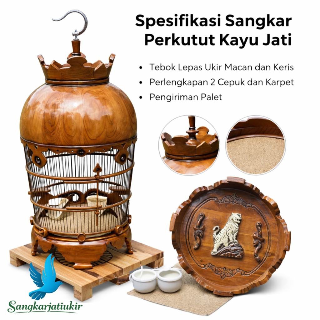 Sangkar Perkutut Kayu Jati Ukir Macan & Keris | Tebok Lepas | Full Set 2 Cepuk + Karpet | Kirim Pale