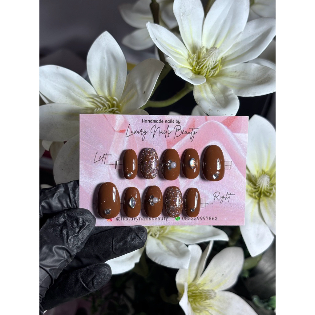 Luxury | Press On Nails | Fake Nails Wedding| Kuku Palsu | Custom (Warna Coklat Caramel)