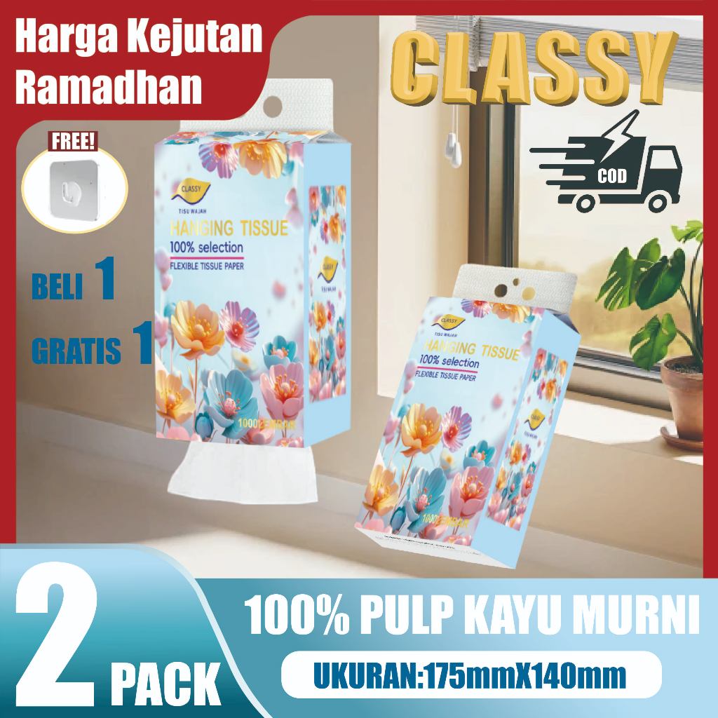 [Promosi Ramadan: Beli 1 Gratis 1] CLASSY Tisu Gantung 3 Ply Motif Bunga Warna-warni - Ukuran 3X Leb