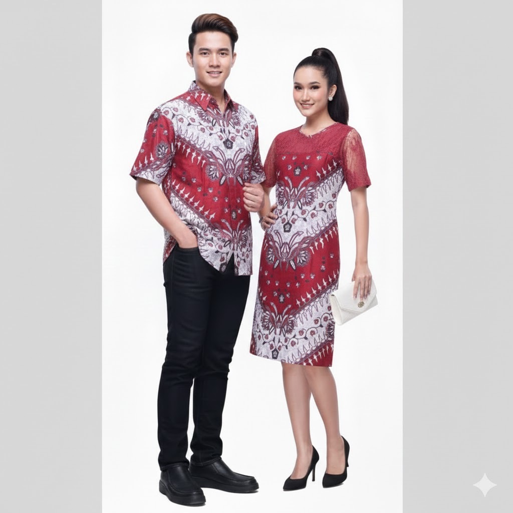 Couple Sarimbit Dress Pesta Kemeja Hem Batik Nagita Merah