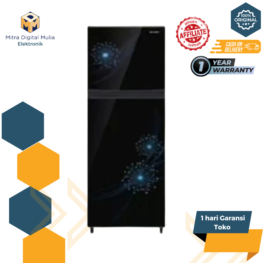 Kulkas Sharp 2 Pintu SJ317MGDB 237L - Hemat Energi, Tempered Glass, Biru