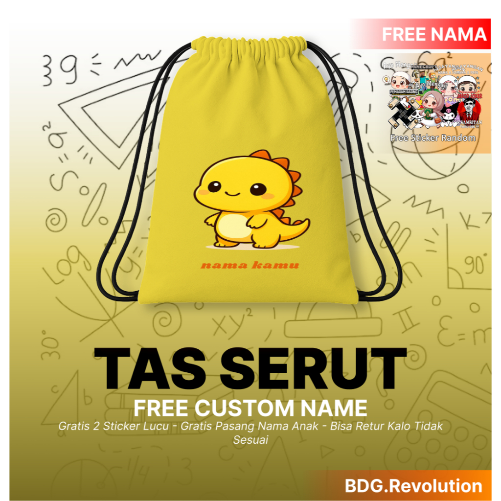 Tas Serut | Tas Serut Dino Kuning | Tas Serut Gratis Custom Nama | String Bag Unisex Custom Nama