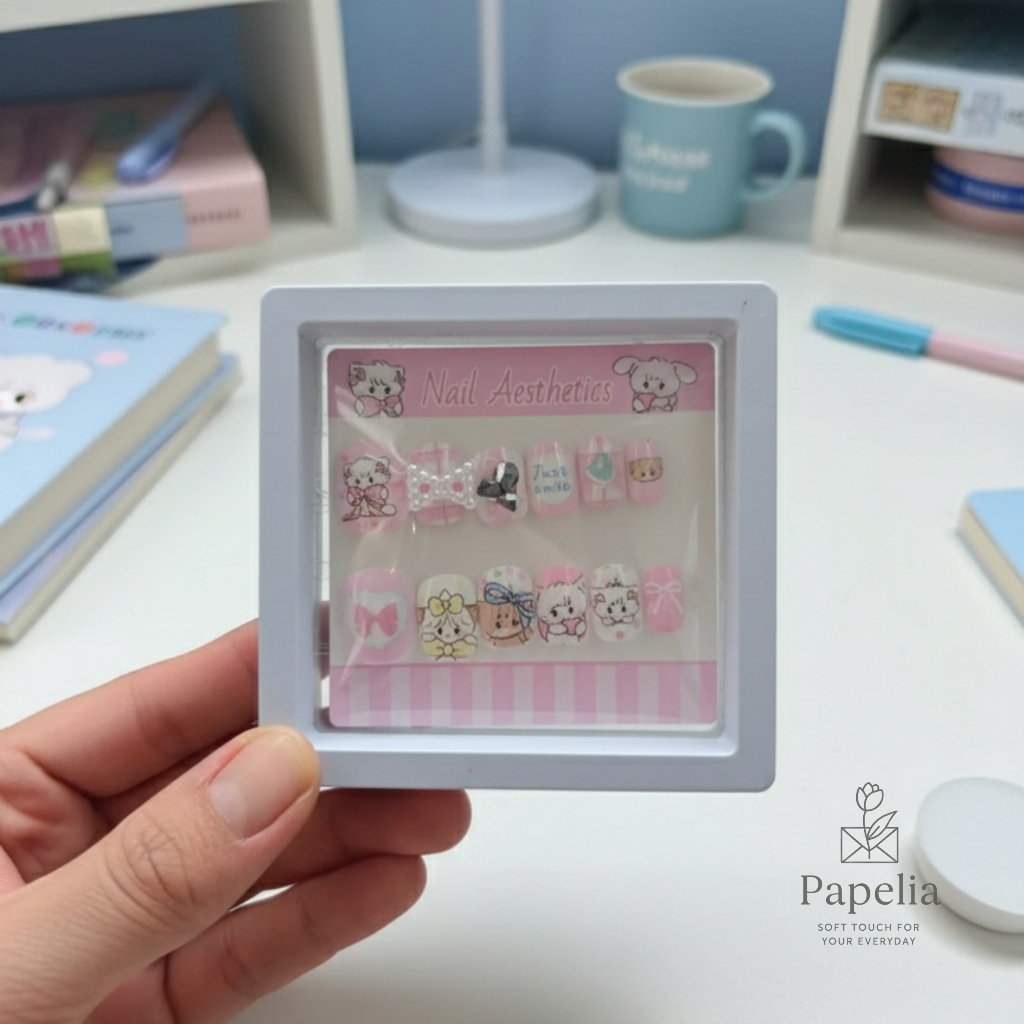 Nail Art Aesthetic Kuku Palsu 3D Karikatur Kucing Lucu Gemas Unik Termasuk Lem