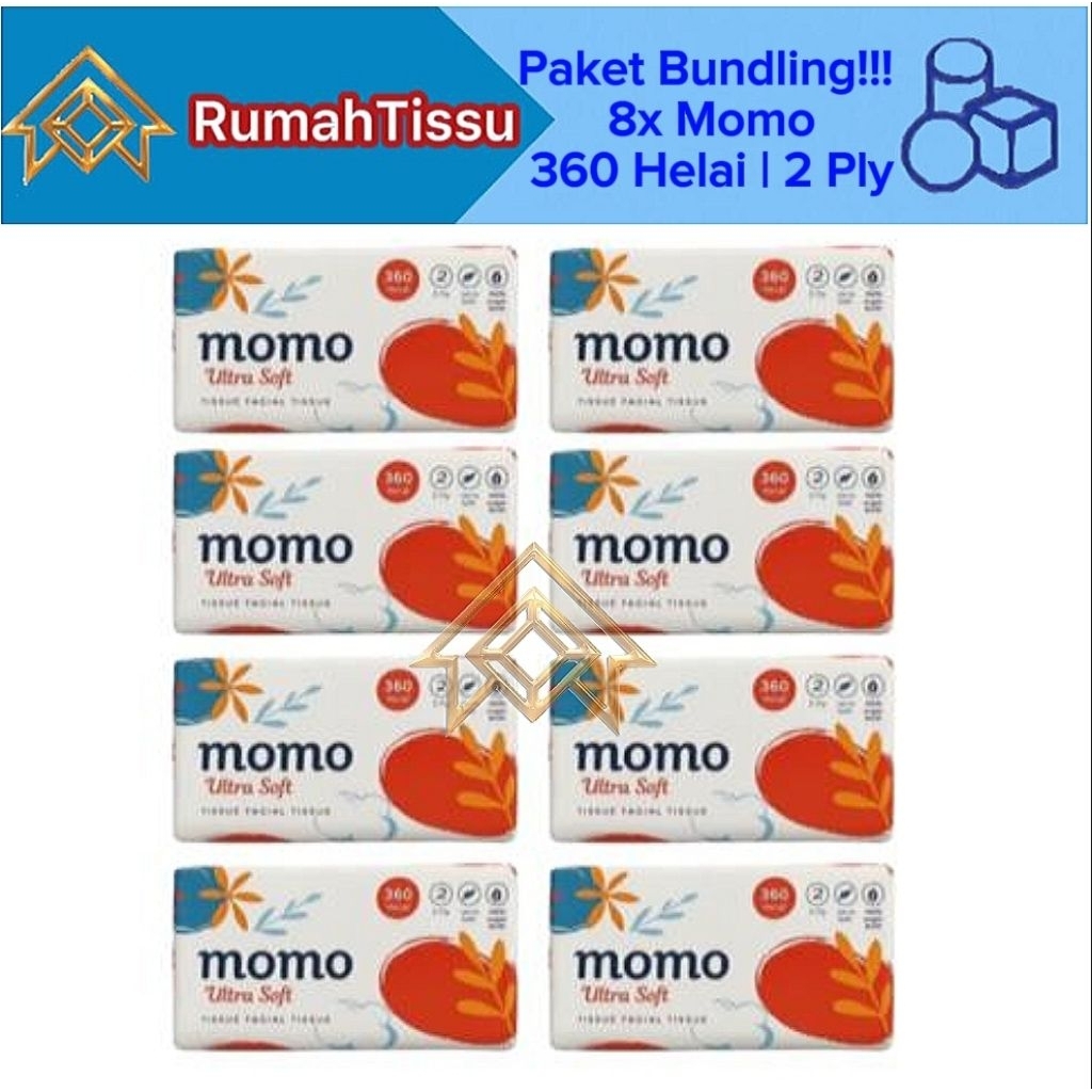 [Paket Bundling 8 Pack] Tisu MOMO Ultra Soft Facial Tissue 360 Helai 2 Ply Murah Grosir Promo