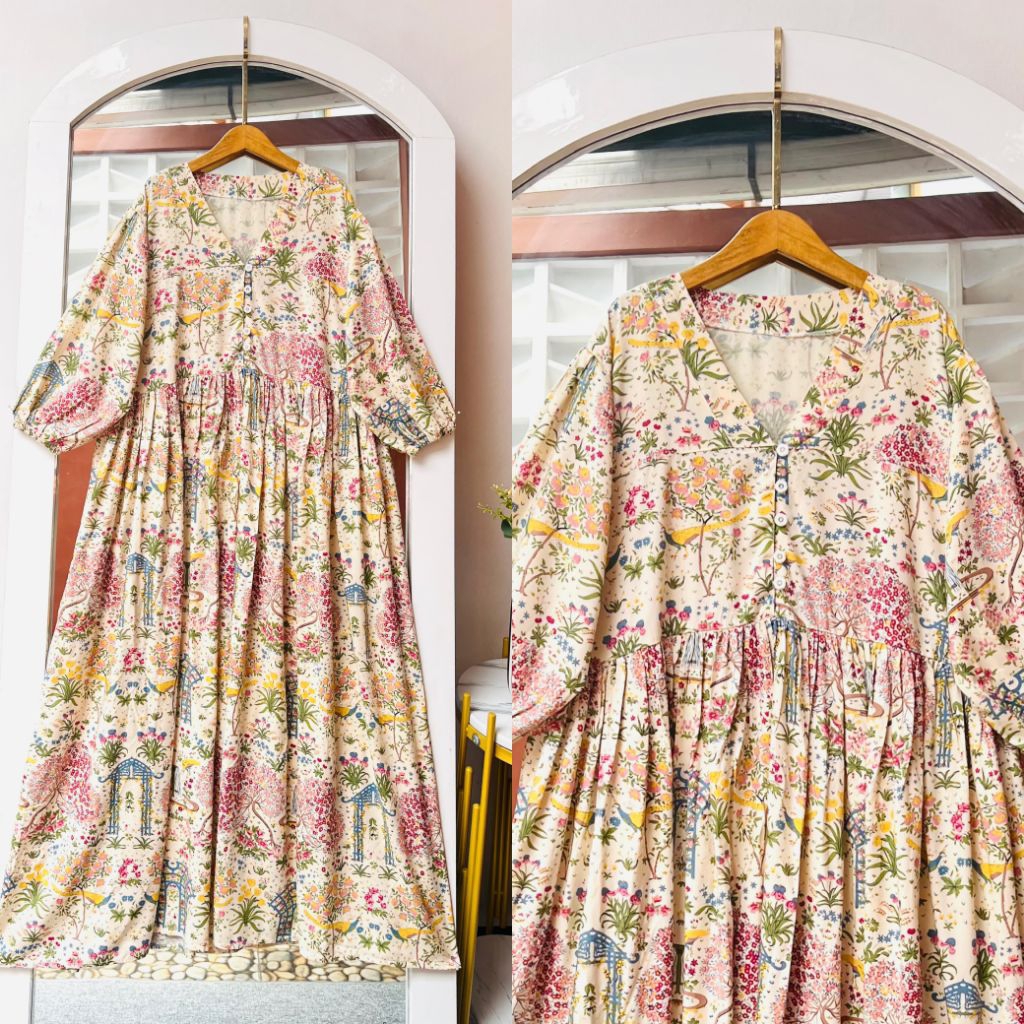 Midi yulia kancing/ midi dress katun rayon motif lengan balon busui jumbo/ midi dress pantai/ dress 