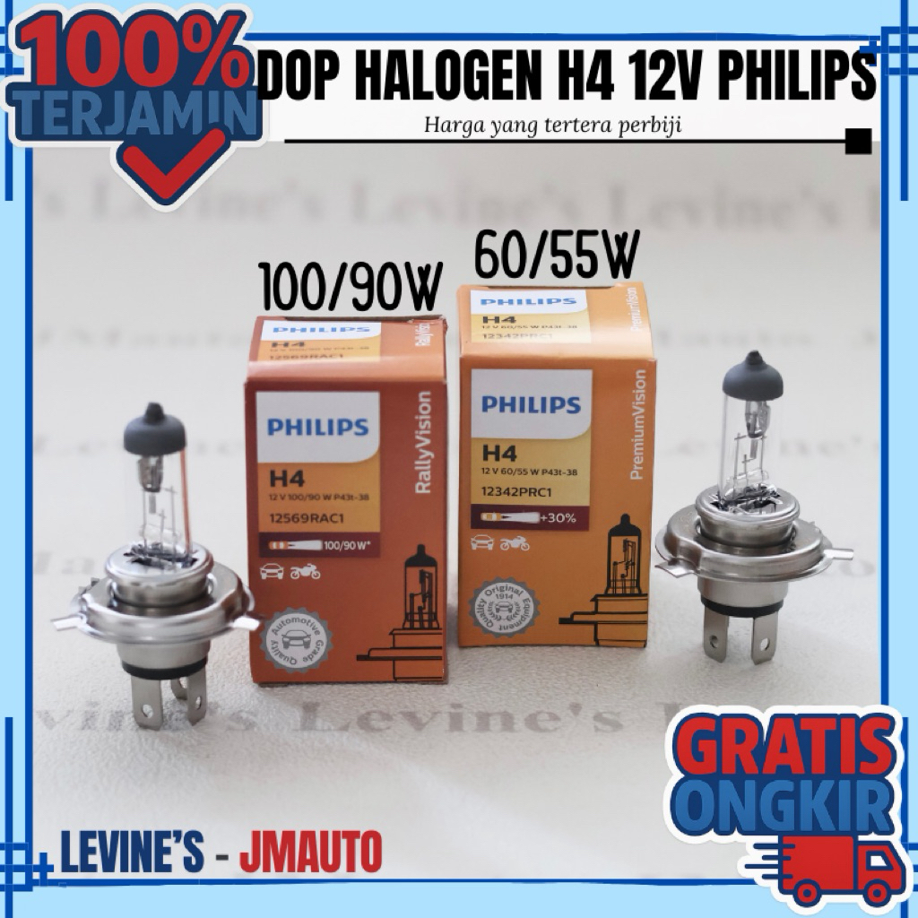 Dop halogen H4 PHILIPS 12Volt / bohlam lampu utama mobil H4 12V / dop helogen 100/90W / dop halogen 