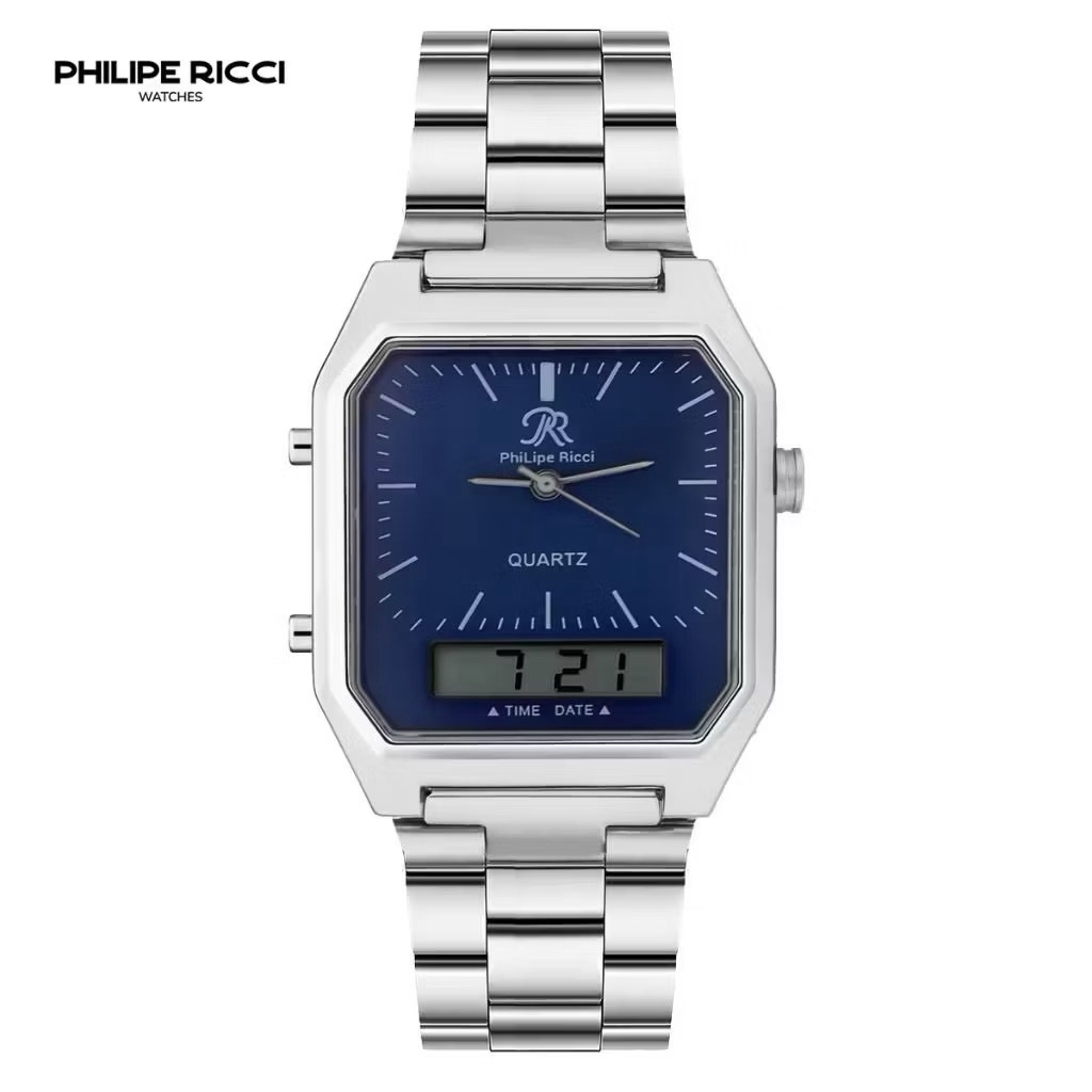 ￼PhiLipe Ricci Jam Tangan Wanita dan pria dual time Original Tali Rantai Stainless steel Dial Kotak 