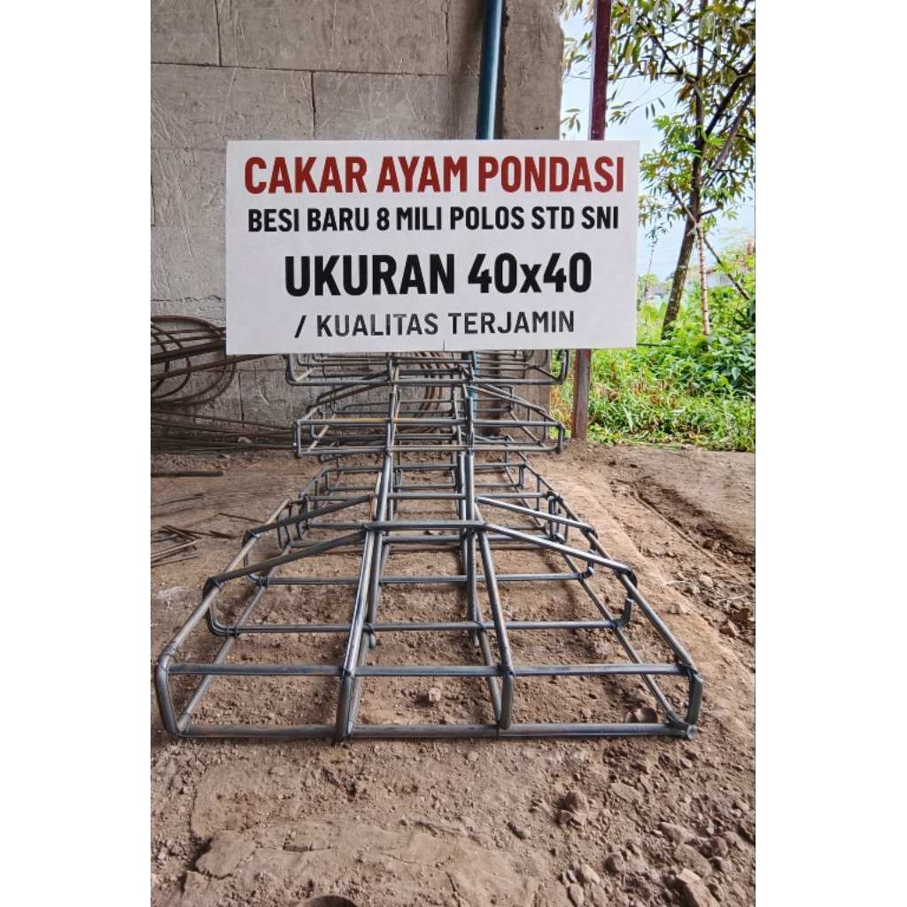 bahan dari baru cakar ayam pondasi + stek (siap pakai) besi 8 mili polos STD SNI berbagai macam ukur