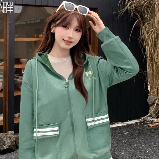 Jaket Zipper Hoodie Wanita Premium Suede Bludru Ban Allsize - I Vandals Ribbon