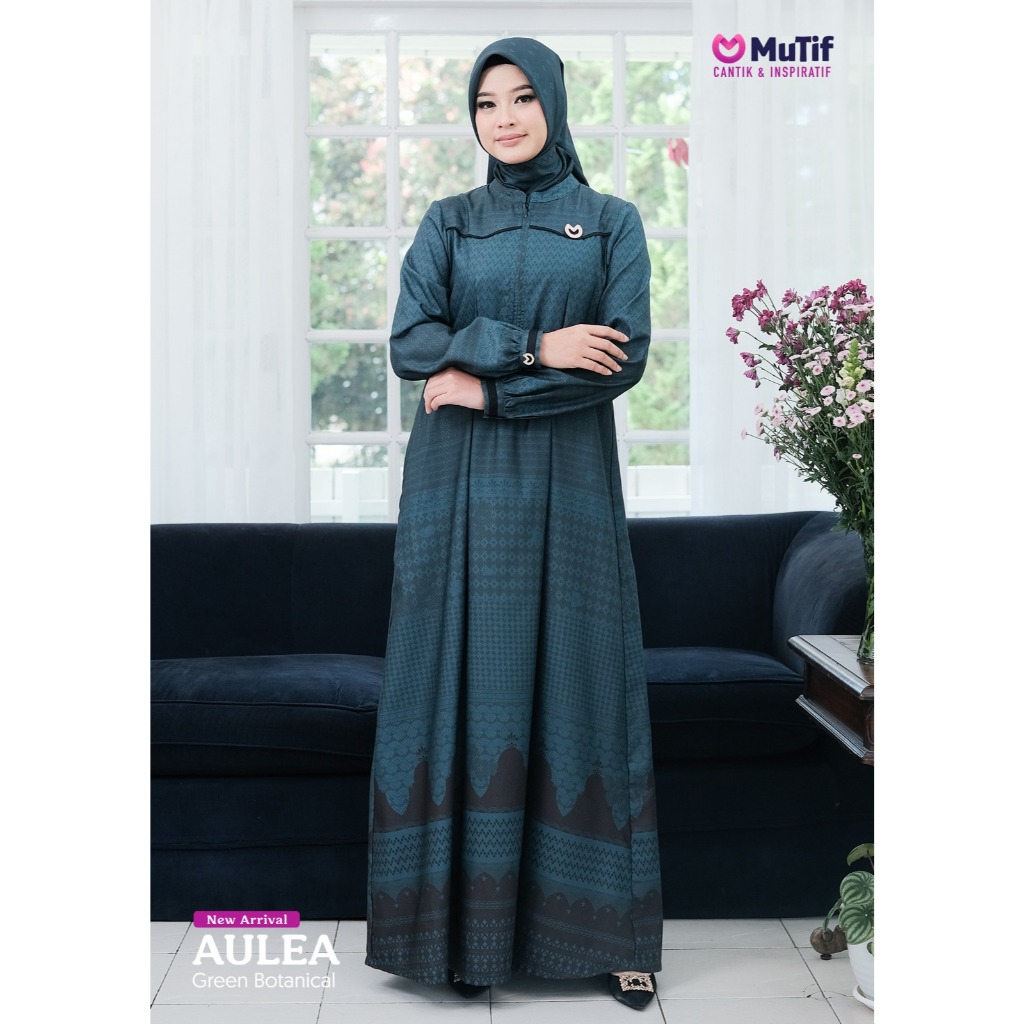 MUTIF Gamis AULEA Green Botanical Dress Wanita Muslim Katun Remaja Dewasa S-3XL