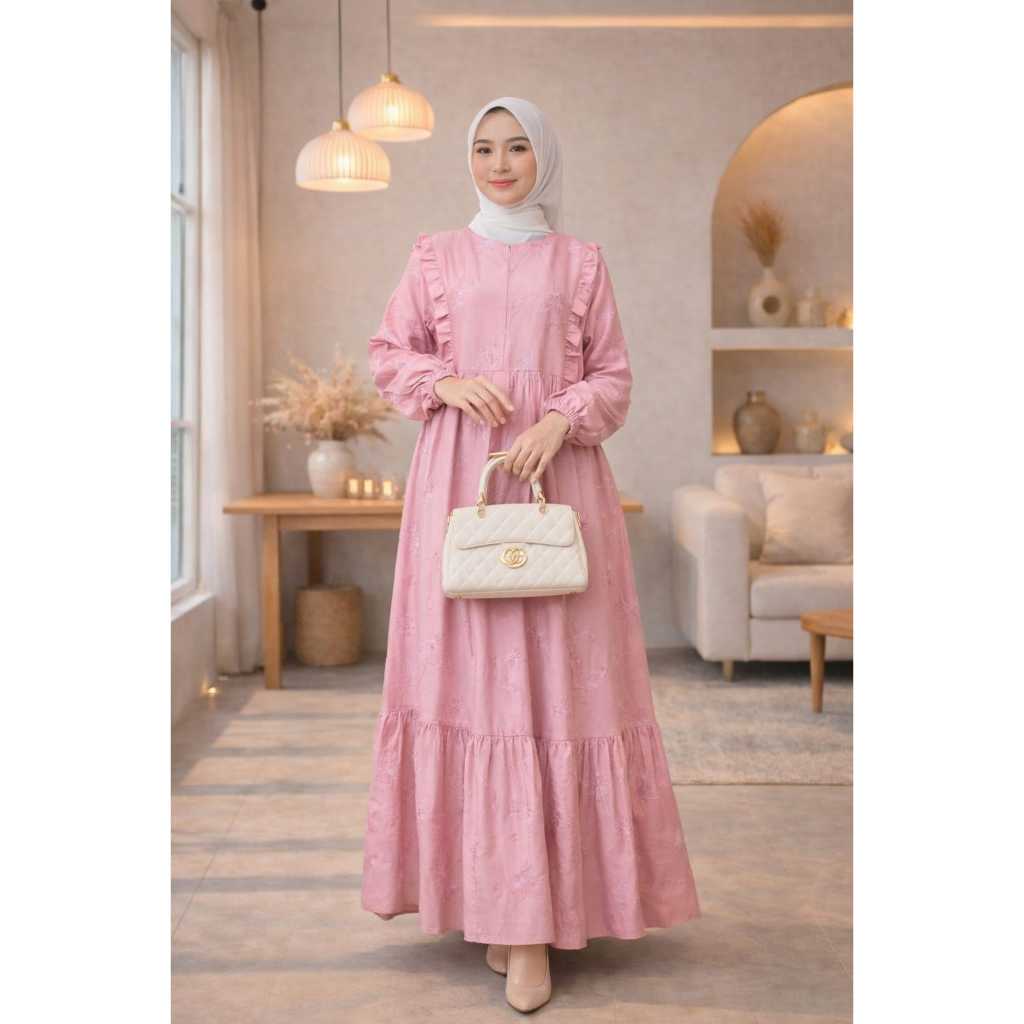 baru gamis polos bordir Kania MIDI Dress Clarisa murah remaja putih bw hitam black pengajian seragam