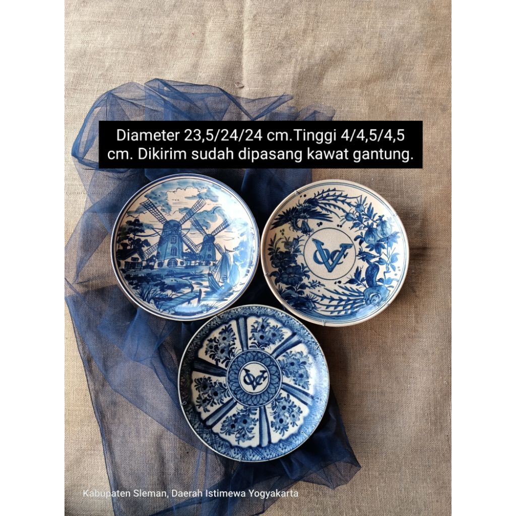 Diameter 24 cm an dan 23 cm an 3 buah piring keramik lukis biru putih untuk dekorasi hiasan dinding 