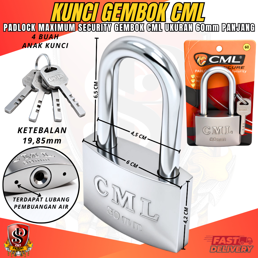 Gembok Pagar Rumah CML Ukuran 60mm Leher Panjang / Gembok Kunci Gerbang Stainless Steel / Kunci Gemb