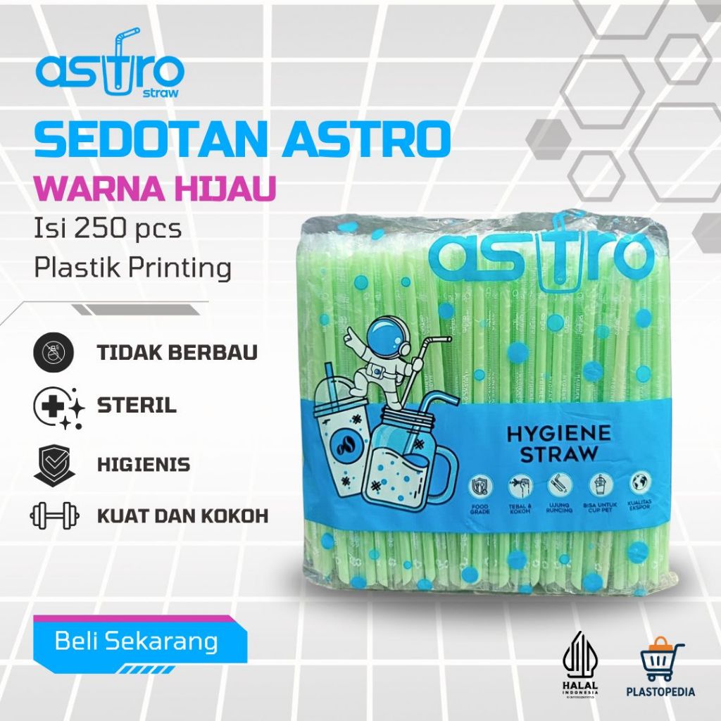 Astrostraw Sedotan Steril Warna HIJAU Pastel 6mm x 20cm Food Grade Tebal Runcing 250pcs Ideal untuk 