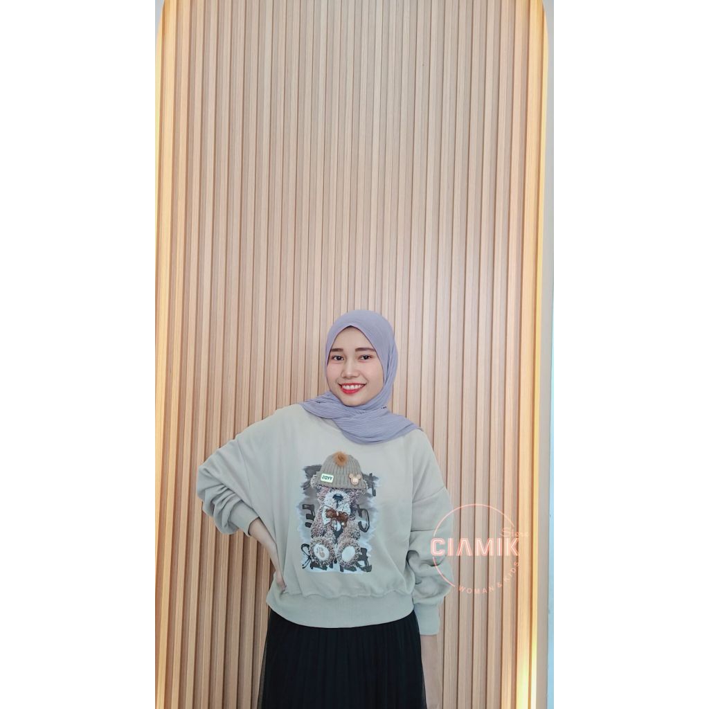 Sweater Crop Top Beruang Topi 3D