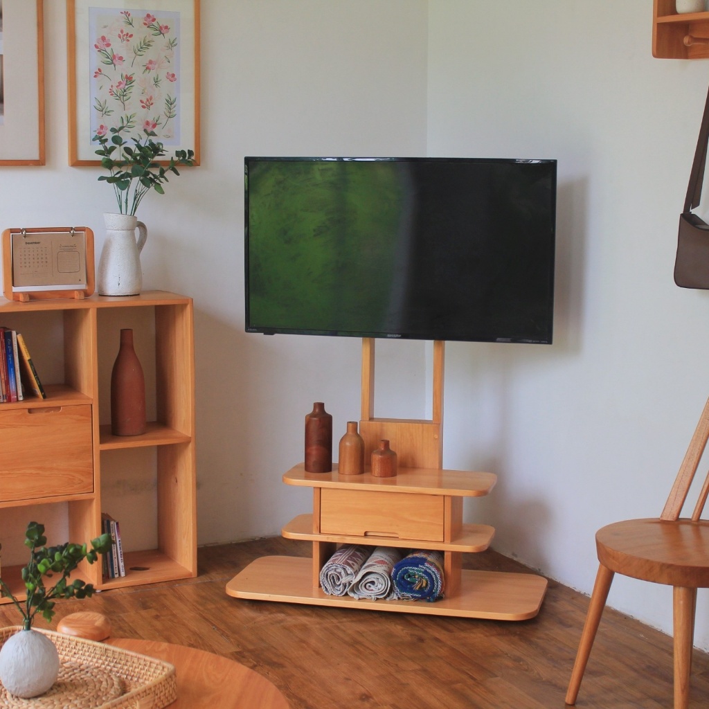 Uwitan Slider TV Table – Meja TV Dengan Roda Aesthetic Minimalis Kayu Pinus Bisa di Geser Include Br