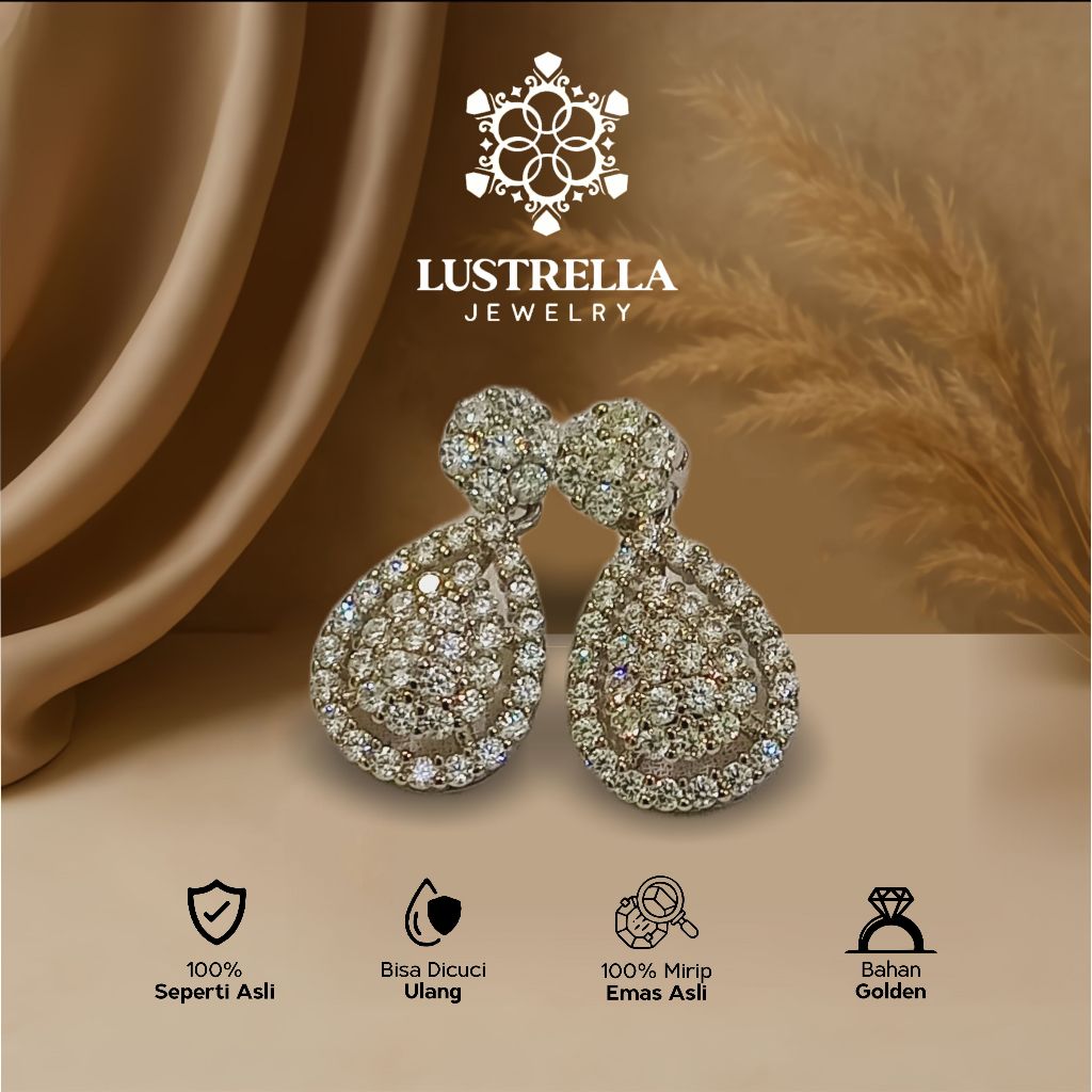 Anting Wanita Replika Emas Putih Model Tetes Air Full Zircon – Diamond Look