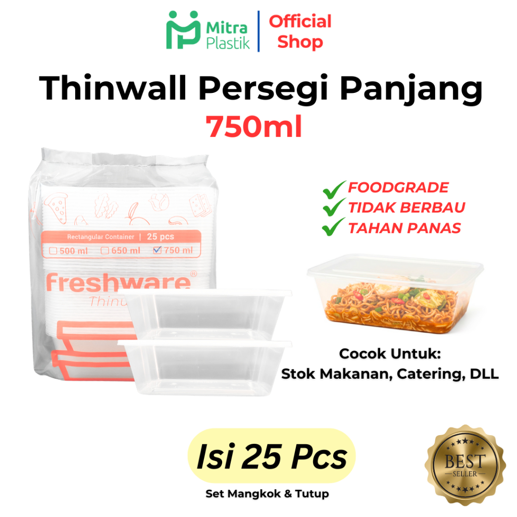 Thinwall 750 ml Persegi Panjang Kotak Makan Anti Panas 25 pcs Tutup Lunch Box