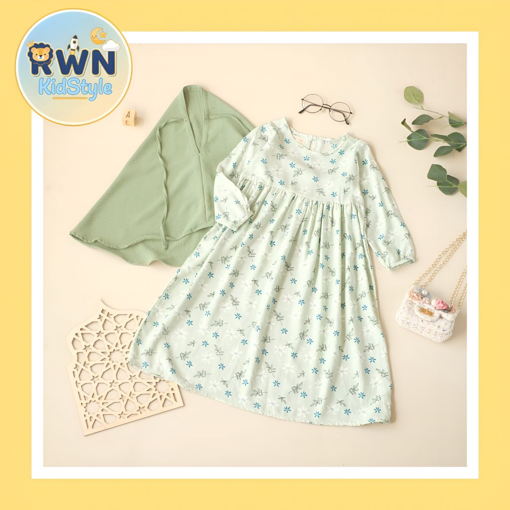 Gamis anak perempuan set hijab bahan rayon - fashion muslim anak perempuan usia 4-8 tahun