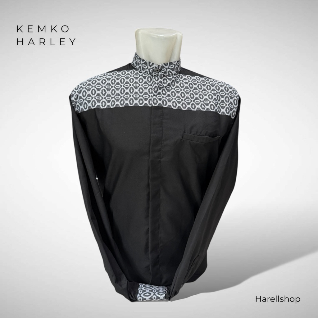 Kemko Harley Pria Hitam Motif Ketupat Putih | Baju Koko Lengan Panjang | Elegan & Maskulin