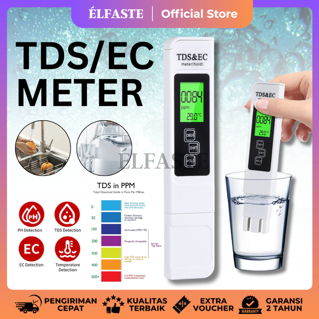 ELFASTE TDS EC Meter PH Digital Alat Ukur Kadar Air Hidroponik PPM Nutrisi Tanaman Kolam Ikan