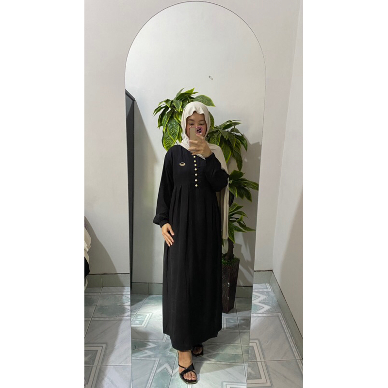 Gamis midi dress hitam rayon adem polos