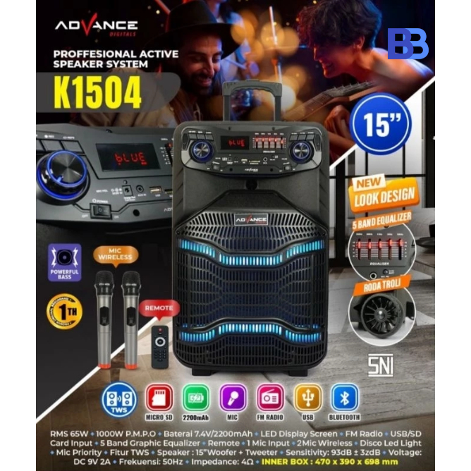 ADVANCE SPEAKER MEETING PORTABLE TROLEY 15 INCH BLUETOOTH K 1504