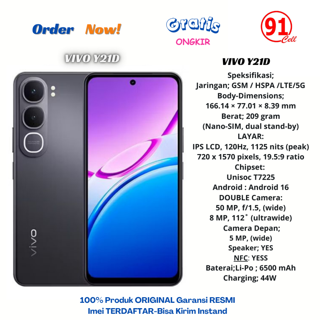 Vivo Y21D Ram4/128Gb- Ram6/128Gb & Ram 8/128Gb Garansi Resmi