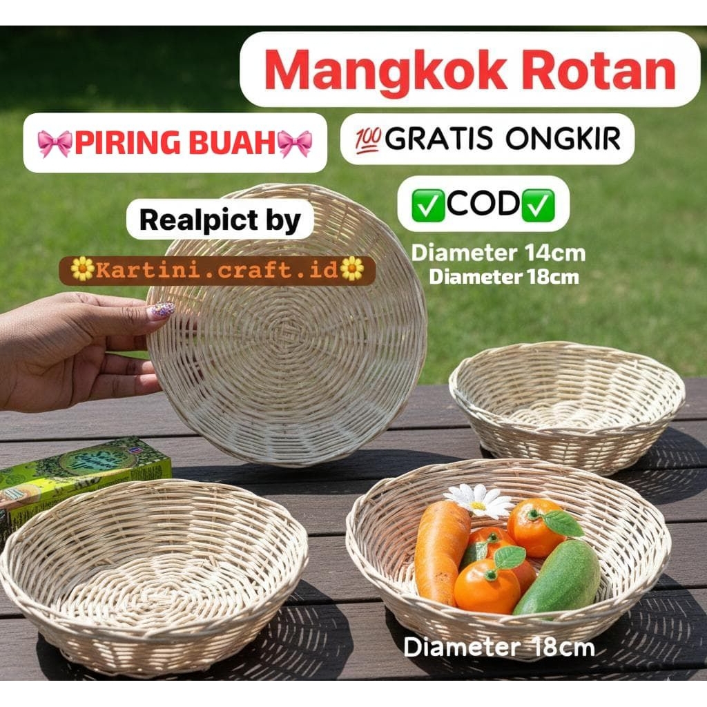 Mangkok / Piring Rotan Bulat 14cm Parcel Buah Mini Wadah Hampers Snack Souvenir Hajatan Rattan Anyam