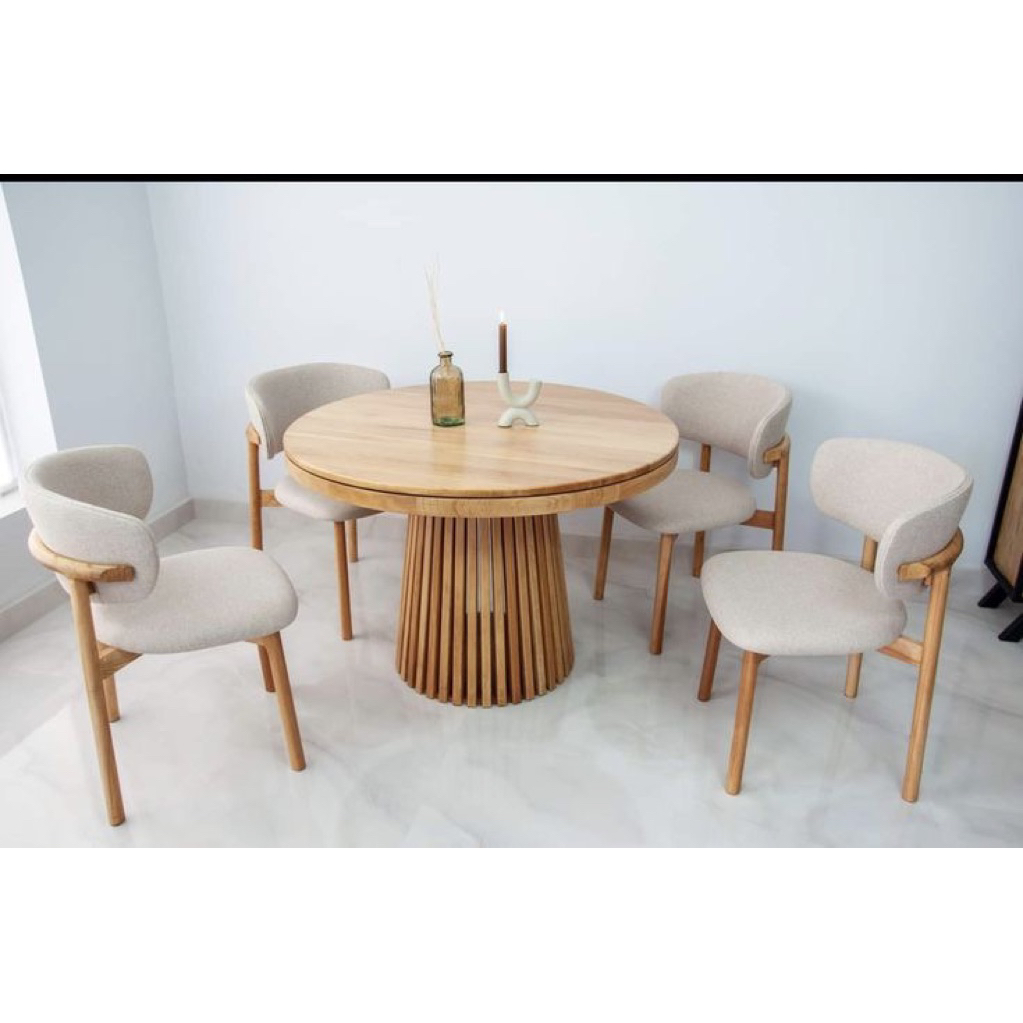 Set Meja Makan Bundar Kayu Minimalis 4 Kursi | Meja Makan Bulat Modern Natural | Meja Makan Bulat Ka