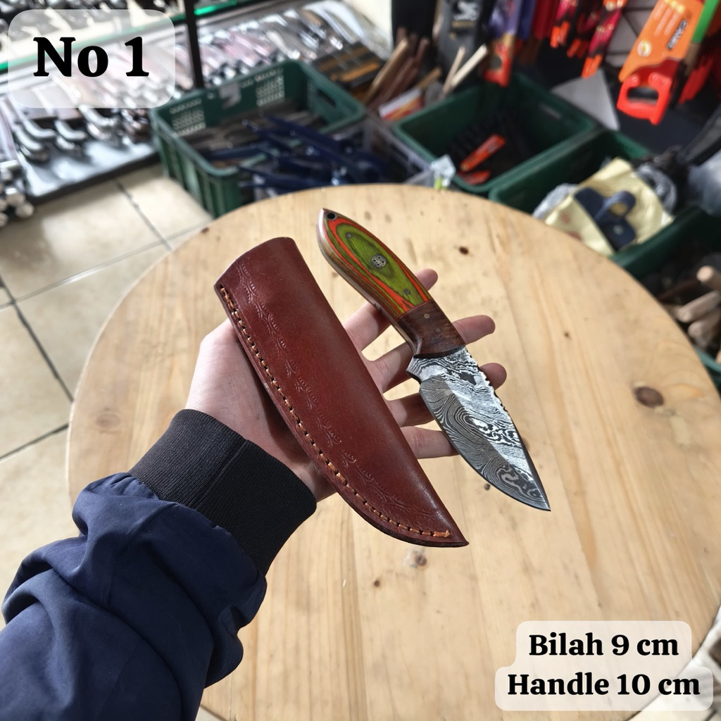 Pisau Baja Damaskus Asli 10cm - Full Tang Pin Mozaik - Pisau Berburu & Koleksi Eksklusif
