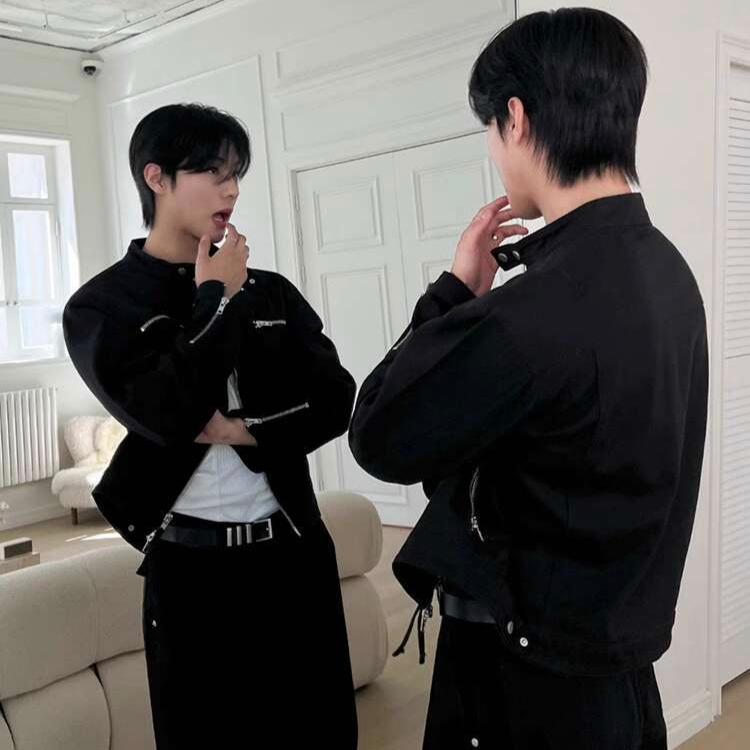 Double ZIPPER Jaket Jeans Hitam Kerah Shanghai size M L dan XL